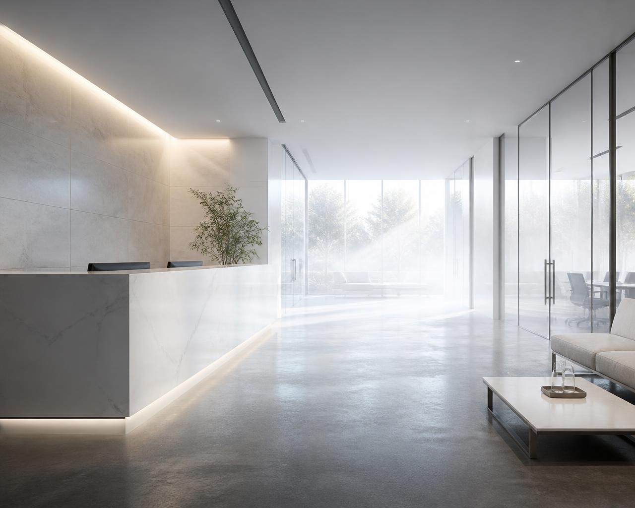 Recepção corporativa clara e higienizada com luz natural