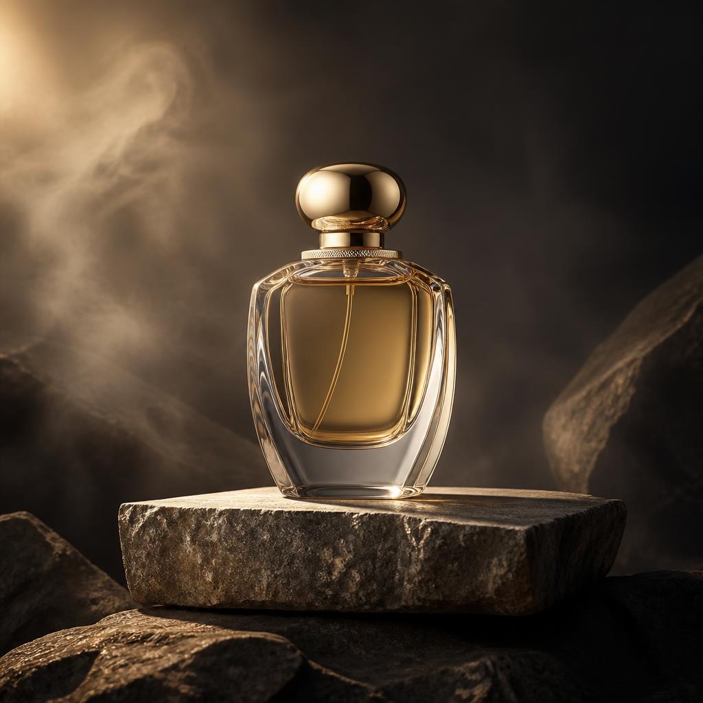 Frasco de perfume elegante sobre pedra, envolto em névoa suave